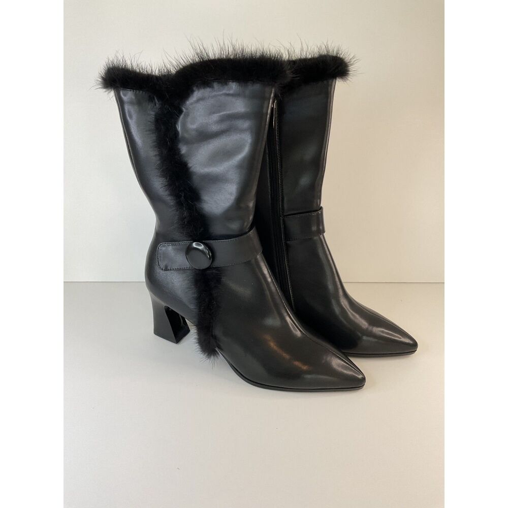 Pointed Toe Mid-Calf Boots with Fur and Chic Belt Size 9.5